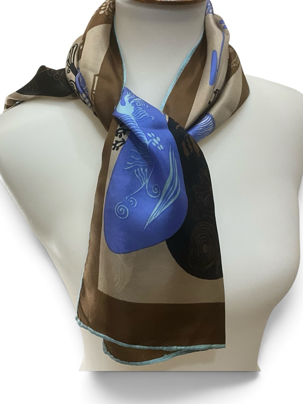 Vintage 1960s Sally Gee Silk Scarf Japan Mod Abstract Bird Botanical 41x11 Inche
